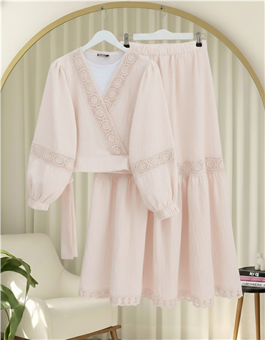 Dantel Detaylı Bağlamalı Kolu Lastikli Kraş Etekli Takım   -Bej