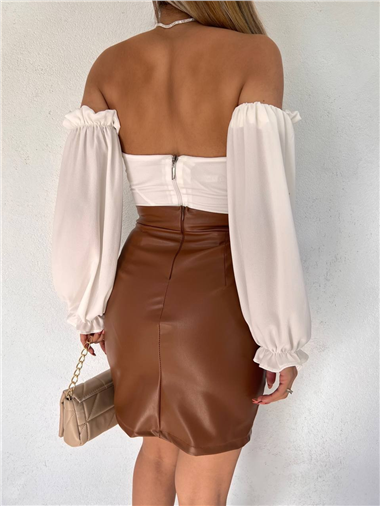 Dantel Detaylı Deri Etek -Taba