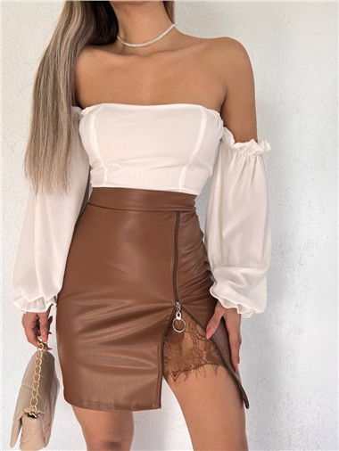 Dantel Detaylı Deri Etek -Taba