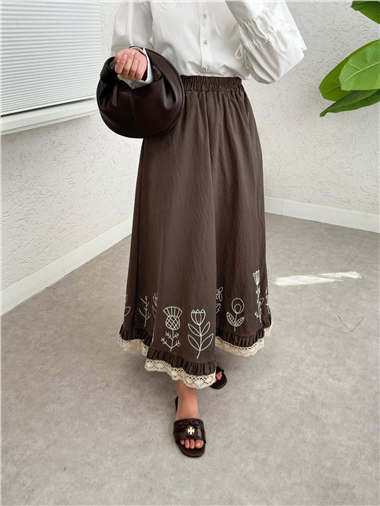 Dantel İşlemeli Beli Lastikli Etek  -Kahve