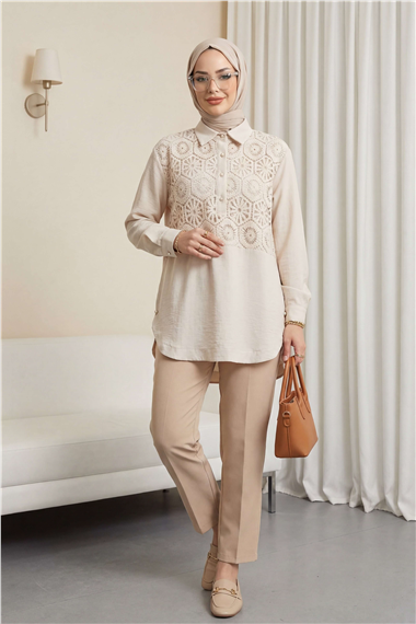 Dantel İşlemeli Eteği Düğme Detaylı Gömlek  -Taş