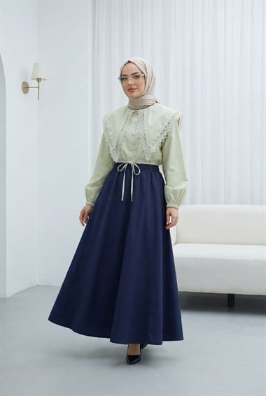 Dantelli Geniş Yakalı Bağcıklı Kolu Lastikli Poplin Gömlek -Su Yeşili