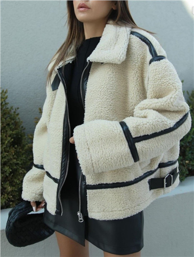 معطف قطيفة من الجلد - حجري