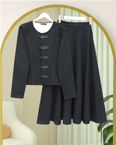 Deri Detaylı Önü Düğmeli Etekli Selanik Takım -Antrasit