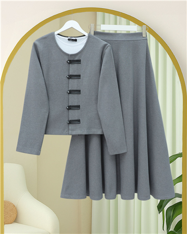 Deri Detaylı Önü Düğmeli Etekli Selanik Takım -Gri