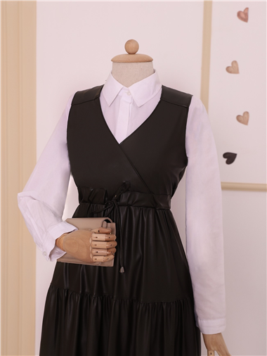 Deri Sıfır Kol Parçalı Tünel Bağcıklı Jile -Siyah