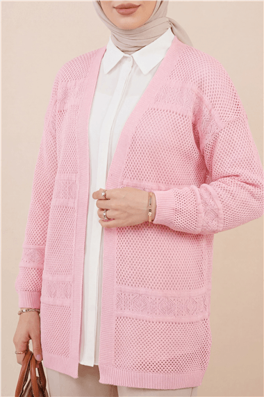 Desenli Ajurlu Triko Hırka  -Pembe