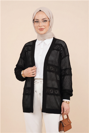 Desenli Ajurlu Triko Hırka -Siyah
