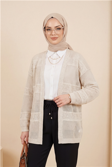 Desenli Ajurlu Triko Hırka -Taş
