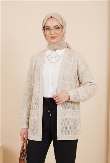 Desenli Ajurlu Triko Hırka -Taş