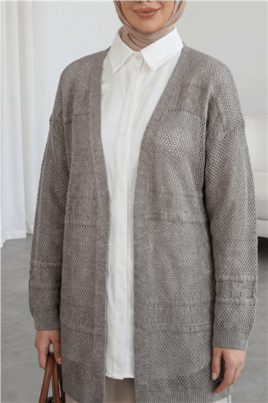 Desenli Ajurlu Triko Hırka  -Vizon