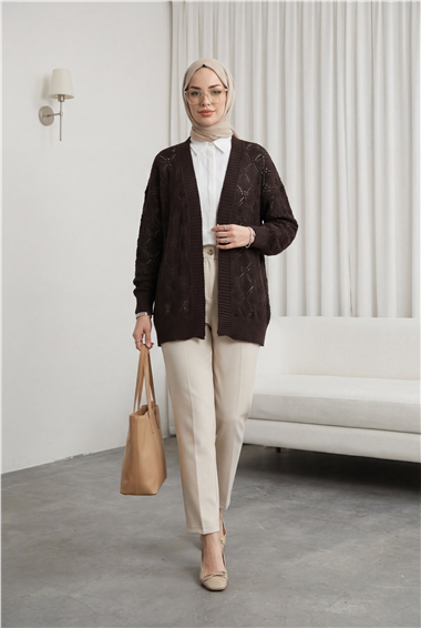 Desenli Araboy Örme Triko Hırka -Kahve