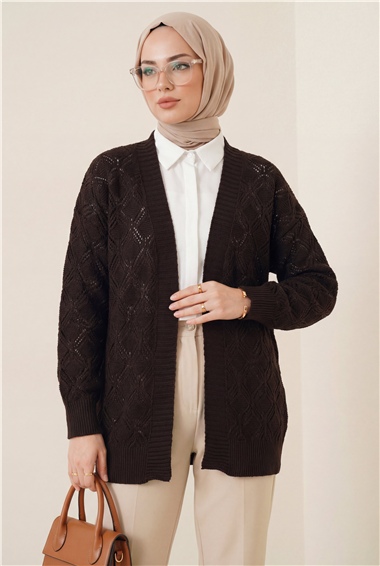 Desenli Araboy Örme Triko Hırka -Kahve