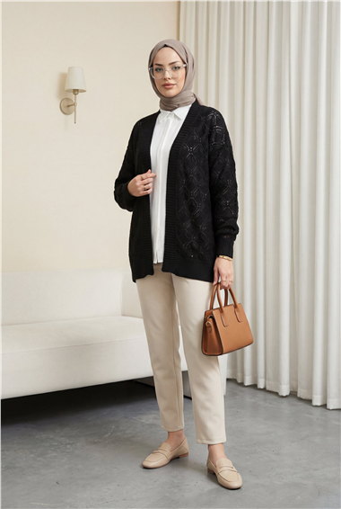 Desenli Araboy Örme Triko Hırka -Siyah