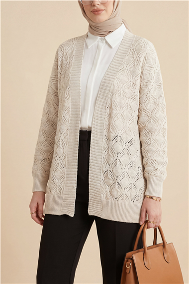 Desenli Araboy Örme Triko Hırka -Taş