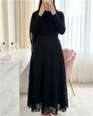 Desenli Astarlı Tül Etek -Siyah