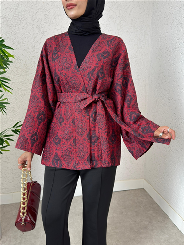 Dijital Baskılı Beli Kemerli Kapitone Kimono -Kırmızı