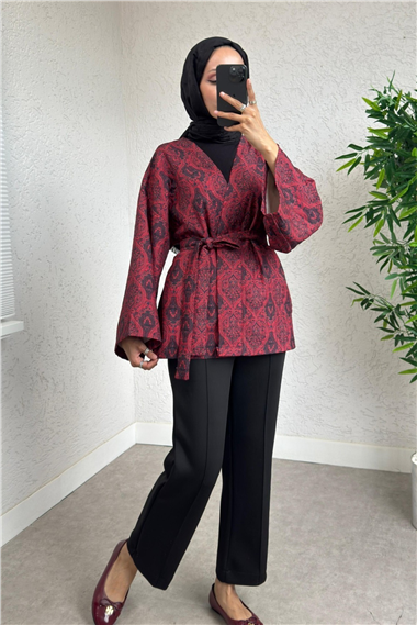Dijital Baskılı Beli Kemerli Kapitone Kimono -Kırmızı