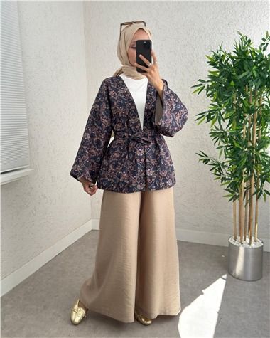 Dijital Baskılı Beli Kemerli Kapitone Kimono -Laci