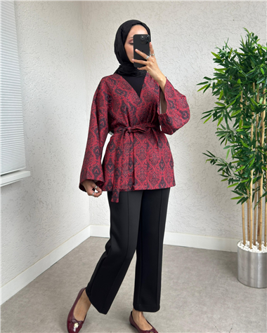 Dijital Baskılı Beli Kemerli Kapitone Kimono -Kırmızı