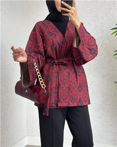 Dijital Baskılı Beli Kemerli Kapitone Kimono -Kırmızı