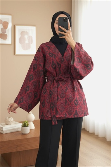 Dijital Baskılı Beli Kemerli Kapitone Kimono -Kırmızı