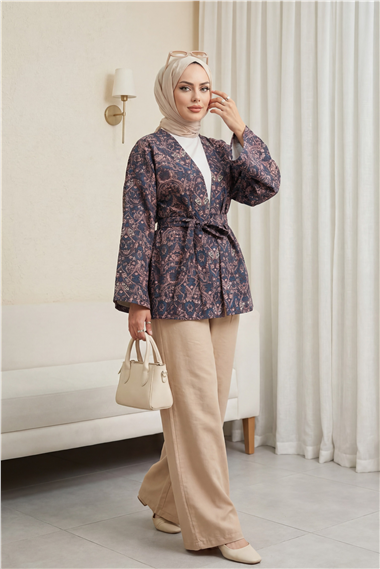 Dijital Baskılı Beli Kemerli Kapitone Kimono -Laci
