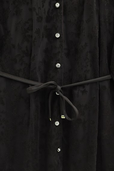 Dik Yaka Beli Bağcıklı Balon Kol Flog Baskılı Astarlı Tül Tunik -Kahve