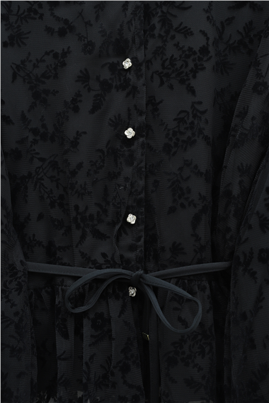 Dik Yaka Flog Baskılı Balon Kol Beli Bağcıklı Etekli Astarlı Tül Takım -Siyah