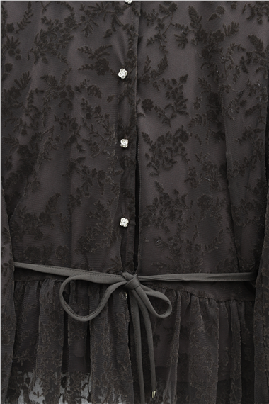 Dik Yaka Flog Baskılı Balon Kol Beli Bağcıklı Etekli Astarlı Tül Takım -Kahve