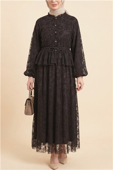 Dik Yaka Flog Baskılı Balon Kol Beli Bağcıklı Etekli Astarlı Tül Takım -Kahve