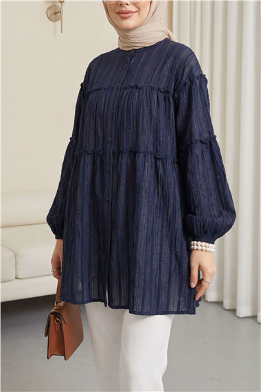 Dik Yaka Sim Çizgili Balon Kol Oversize Gofre Tunik -Laci
