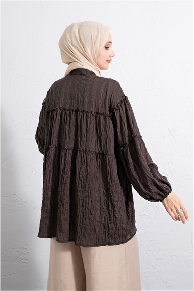 Dik Yaka Sim Çizgili Balon Kol Oversize Gofre Tunik -K. Kahve