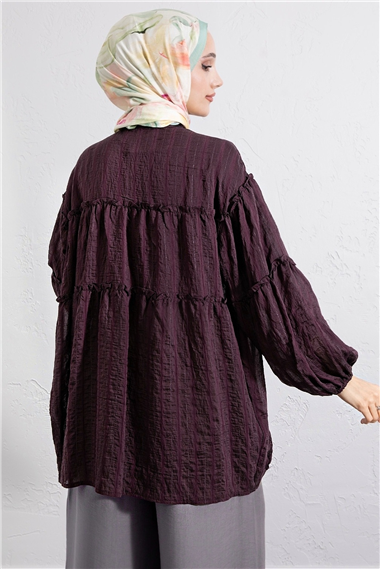 Dik Yaka Sim Çizgili Balon Kol Oversize Gofre Tunik -Mürdüm