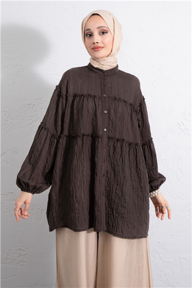 Dik Yaka Sim Çizgili Balon Kol Oversize Gofre Tunik -K. Kahve