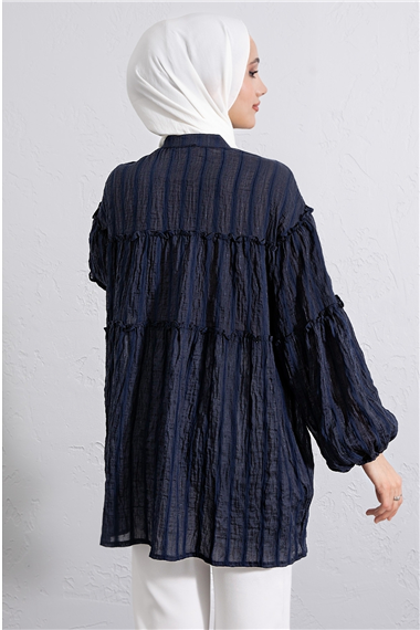 Dik Yaka Sim Çizgili Balon Kol Oversize Gofre Tunik -Laci
