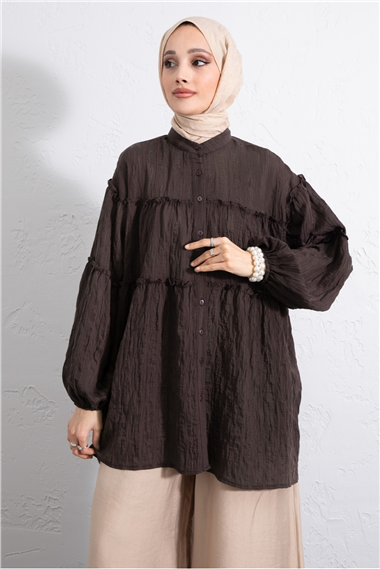 Dik Yaka Sim Çizgili Balon Kol Oversize Gofre Tunik -K. Kahve