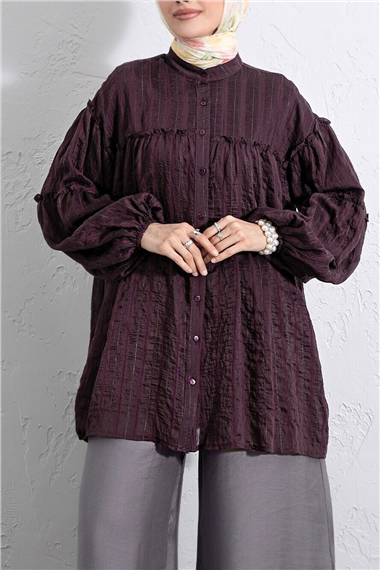 Dik Yaka Sim Çizgili Balon Kol Oversize Gofre Tunik -Mürdüm