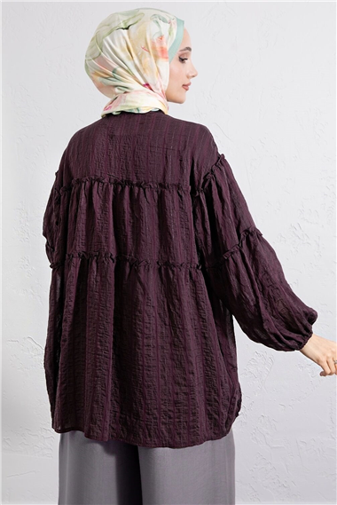 Dik Yaka Sim Çizgili Balon Kol Oversize Gofre Tunik -Mürdüm
