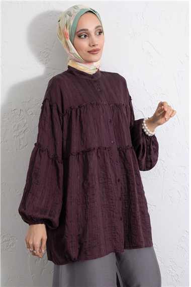 Dik Yaka Sim Çizgili Balon Kol Oversize Gofre Tunik -Mürdüm