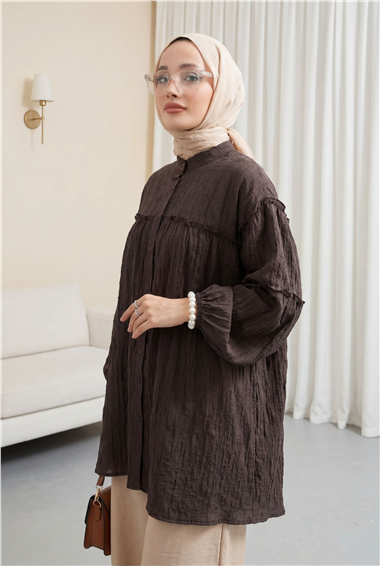 Dik Yaka Sim Çizgili Balon Kol Oversize Gofre Tunik -K. Kahve