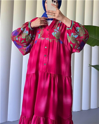 Dik Yaka Yarım Düğmeli Kolu Lastikli Desenli Elbise -Pembe