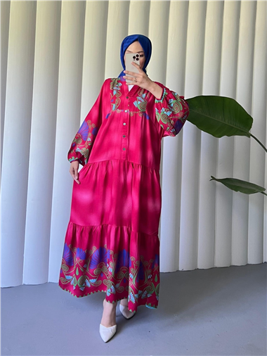 Dik Yaka Yarım Düğmeli Kolu Lastikli Desenli Elbise -Pembe