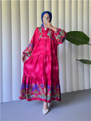 Dik Yaka Yarım Düğmeli Kolu Lastikli Desenli Elbise -Pembe