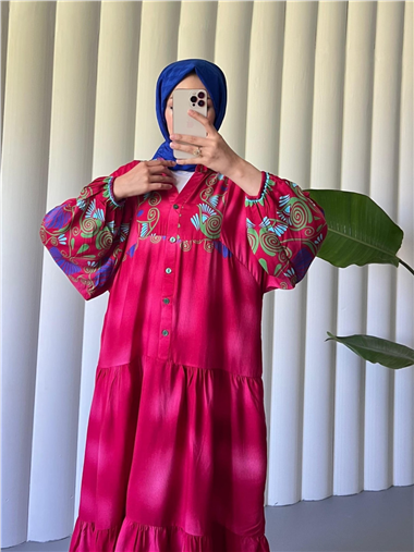 Dik Yaka Yarım Düğmeli Kolu Lastikli Desenli Elbise -Pembe