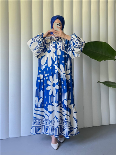 Dik Yaka Yarım Düğmeli Parçalı Çiçekli Elbise -Mavi