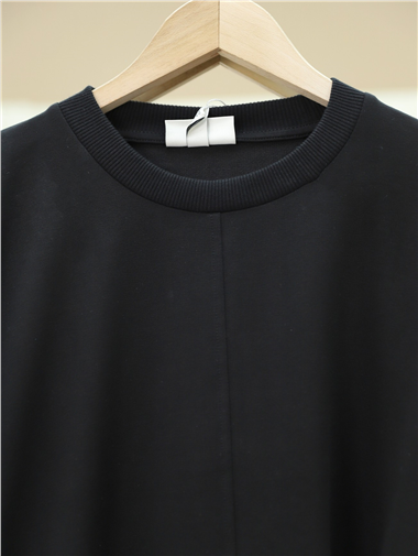 Dikiş Detaylı Yırtmaçlı Beli Bağlamalı Sweat -Siyah