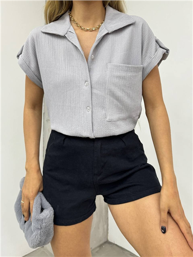 Duble Kol Tek Cepli Bürümcük Gömlek  -Gri