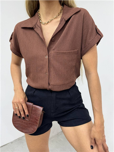 Duble Kol Tek Cepli Bürümcük Gömlek  -K. Kahve