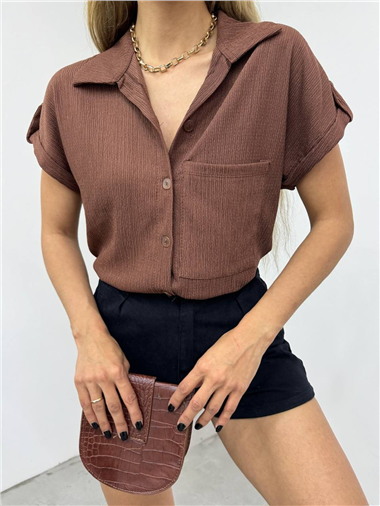 Duble Kol Tek Cepli Bürümcük Gömlek  -K. Kahve